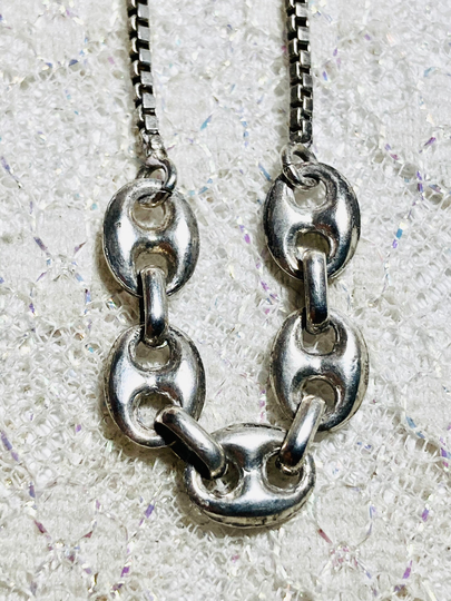 15.25" Antique Sterling Silver Mariners Link Box Chain Necklace. Solid Silver. Marked 925. Gift For Her