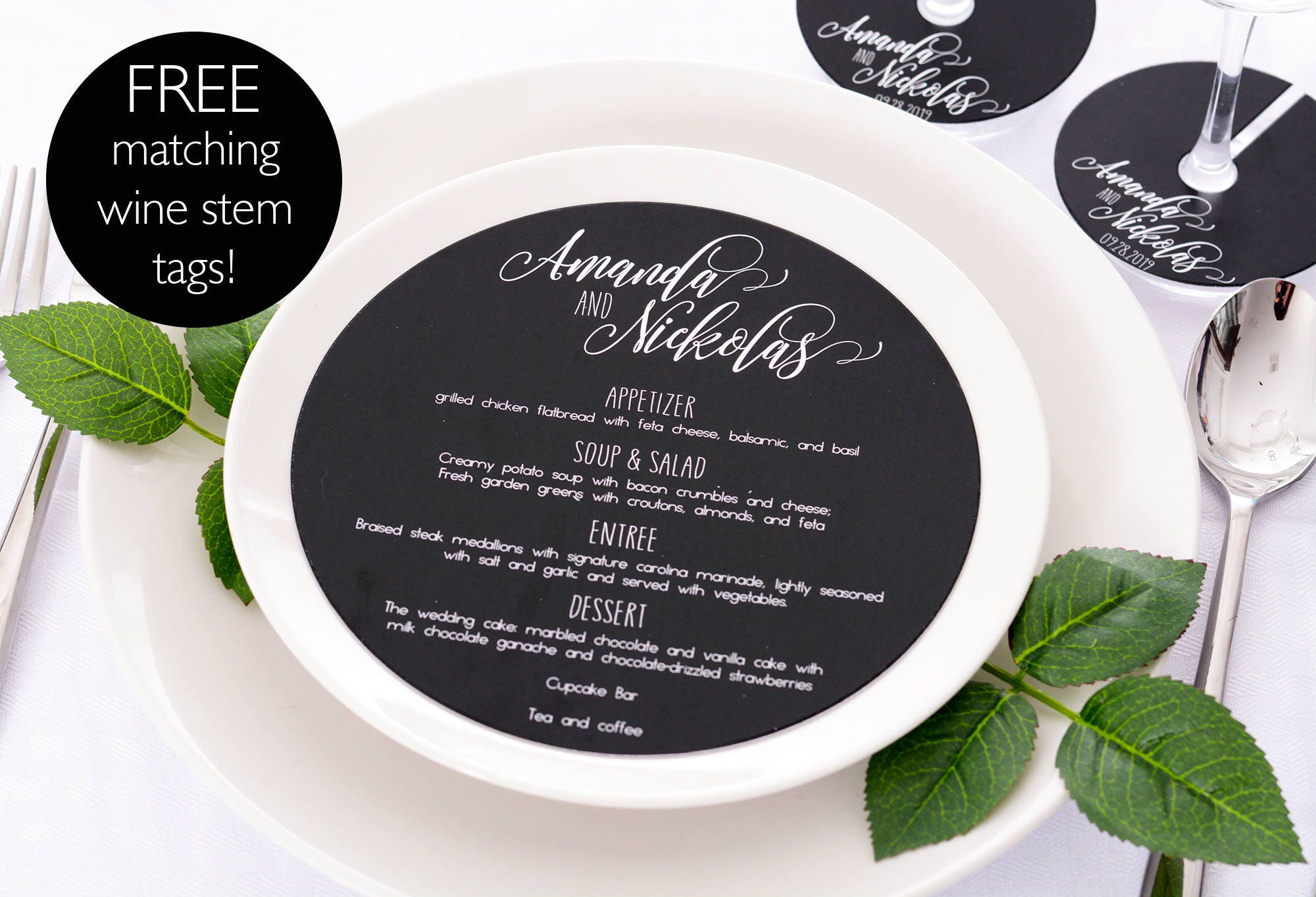 Round Wedding Menus - Plate Free Matching Wine Glass Tags 6.5 Personalized Menu Dinner #wdim-260