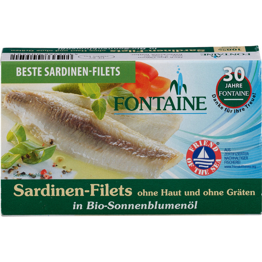 Fontaine, sardines without skin and bones in organic sunflower oil, 120g
