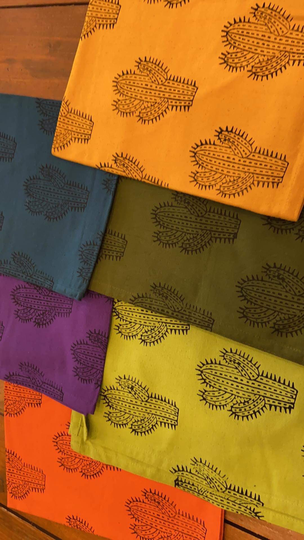 Block Printed 100% Colored Cotton Kitchen Dish Towels, 24x17.5 Inches Tea Drying Cactus Cacti, Fair Trade From Nepal
