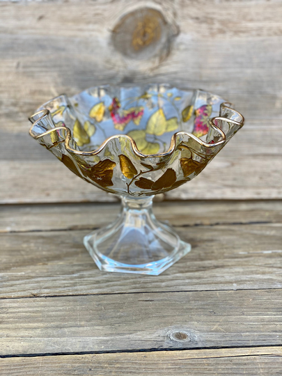 Antique Goofus Glass Strawberries Ruffled Tall Pedestal Bowl