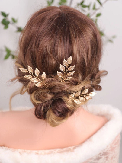 Golden Leaves Hair Pin | Bridal Leaf Hairpiece Vintage Accessories Gold Jewelry Wedding Set Of 3