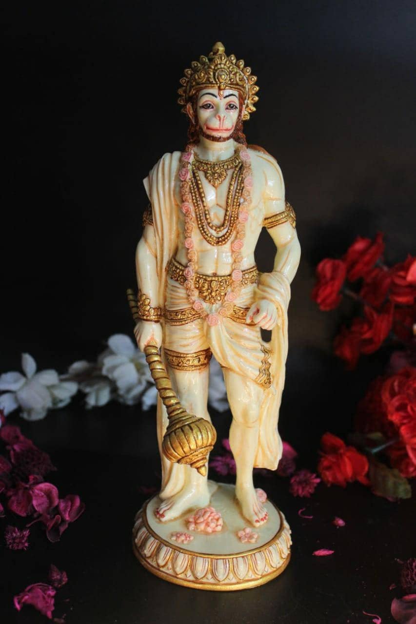Hanuman Statue - Monkey God Lord Ram Bhakt 10 Inches Standing Culture Marble For Altar & Temple