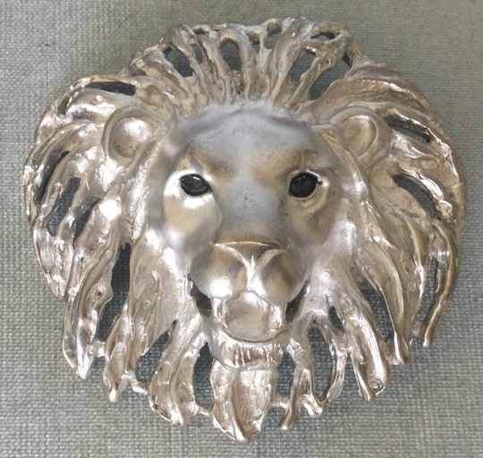 Huge Doreen Ryan Signed Roaring Lion Head Belt Buckle Black Enamel Eyes Silver Metal Vintage Designer Runway Couture Animal Statement