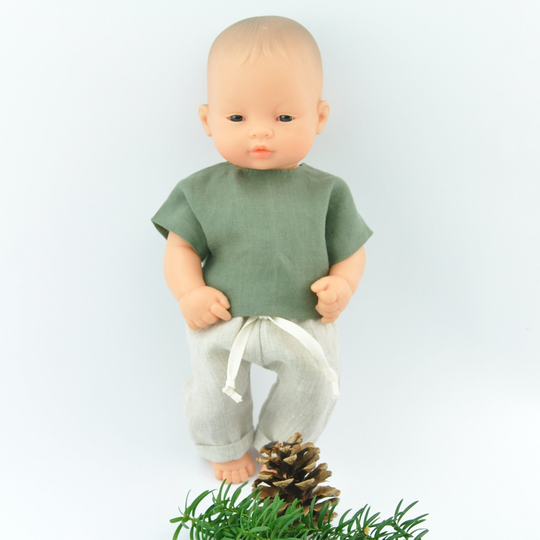 Miniland 32 cm Doll Clothes, Boy Clothes cm, Linen Clothee, Green Shirt, Natural Pants