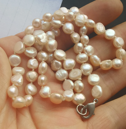 Polished Natural Flat Pink Freshwater Pearl Beaded Necklace, 18", 6mm-7mm Beads With Knotted Neckalce 04