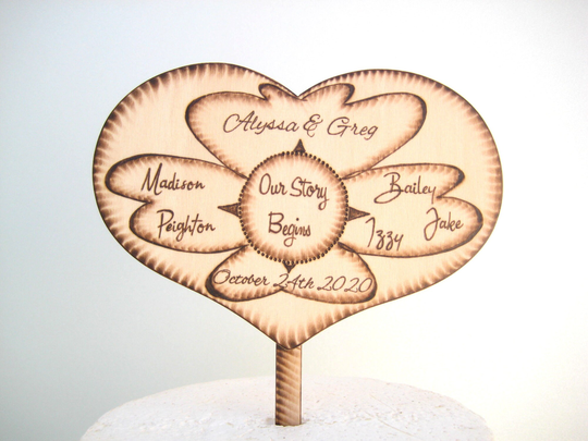 Blended Family Wedding Cake Topper, Wedding With Kids, Our Story Begins, Personalized Names, Pyrography, Gift For Couple, Wooden Heart
