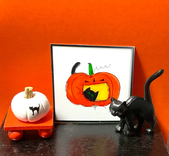 Dollhouse Miniature Halloween Decor, Orange Wooden Riser, Black Cat, Pumpkin Or Sign. 112 Scale