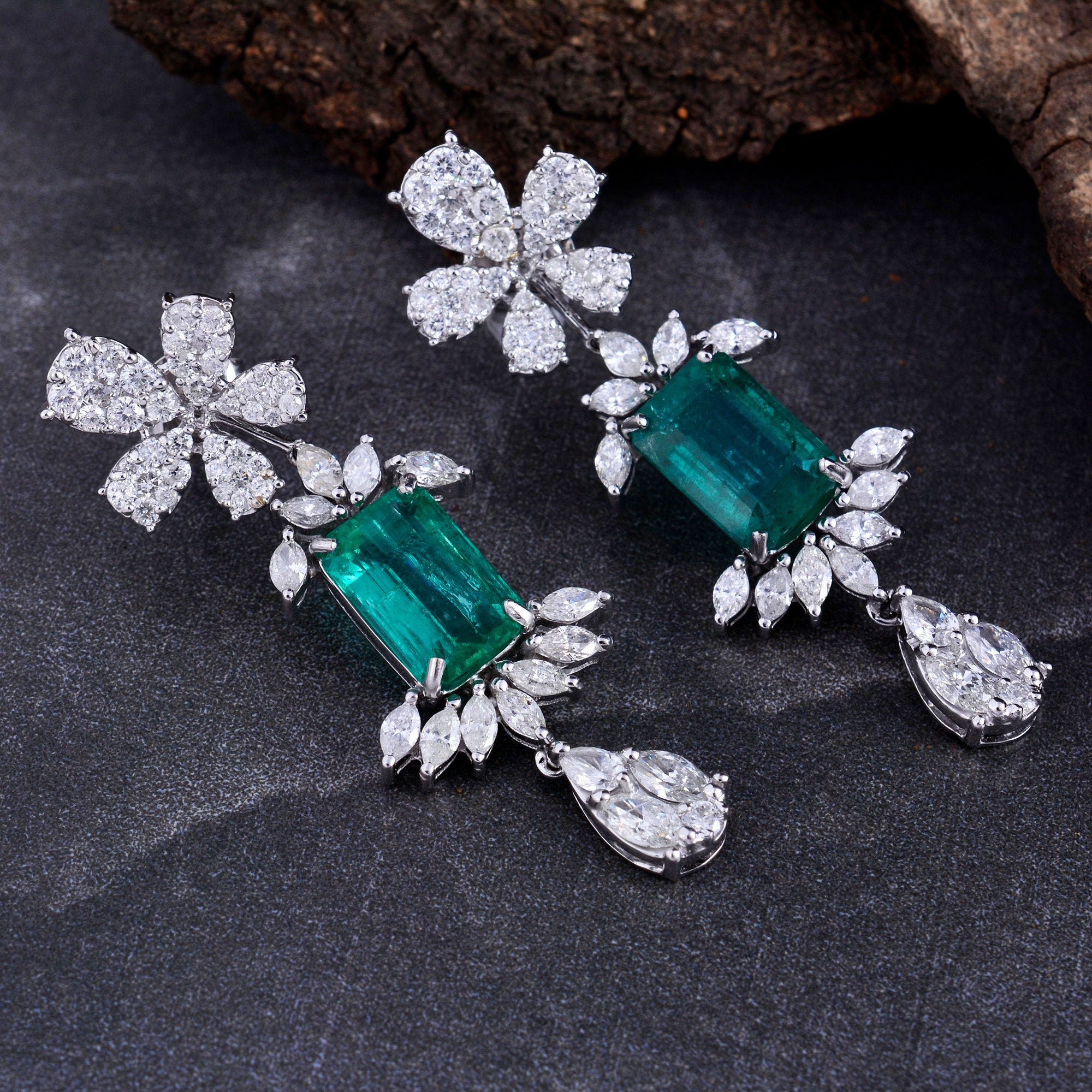 On Sale Natural Emerald Cut Green Diamond Jewelry 14K White Gold Gemstone Dangle Earrings Floral Style