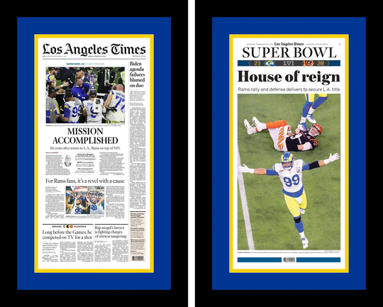 Los Angeles Rams - 2022 Super Bowl Champions L.a. Times Newspapers | 2 Double Matted & Framed in Authentic Team Colors