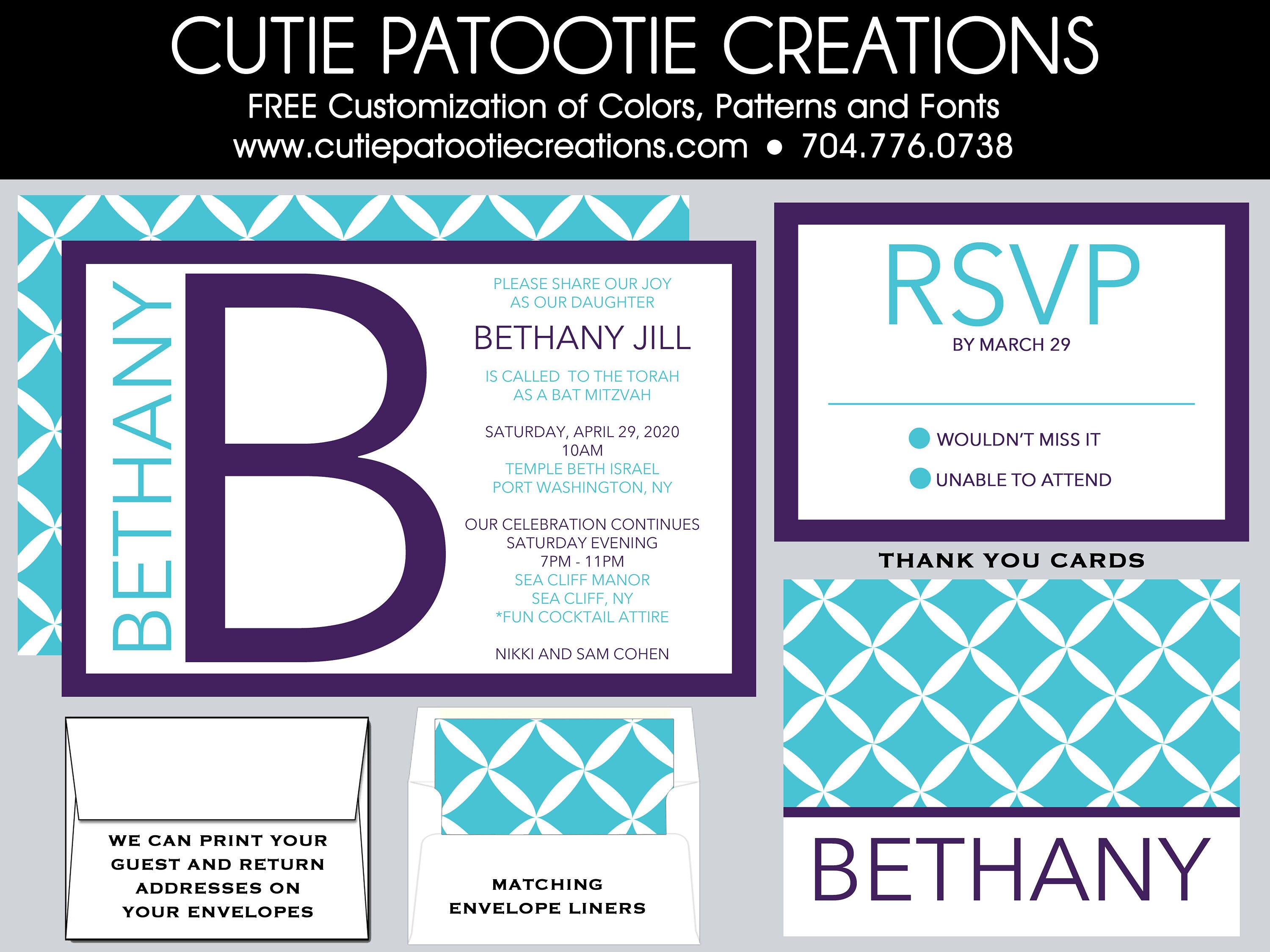 Monogram Initial Bat Mitzvah Invitation - Reception Card Information Card- Thank You Note Monogrammed Name Purple Aqua Teal Blue