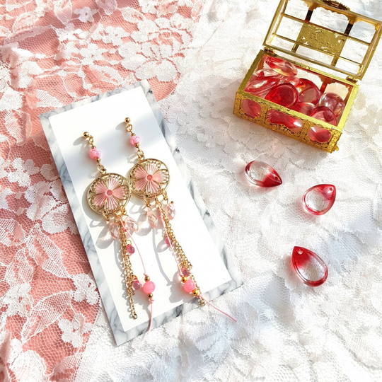Pink Flower Drop Earrings, Korean Traditional & Modern Hanbok Accessory, Decorative Ornament Earrings For Women