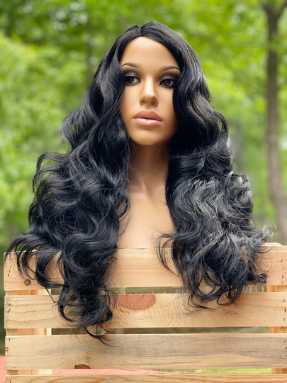 Human Hair Blend Wig Full Cap 1 Jet Black Wavy Bodywave 22"