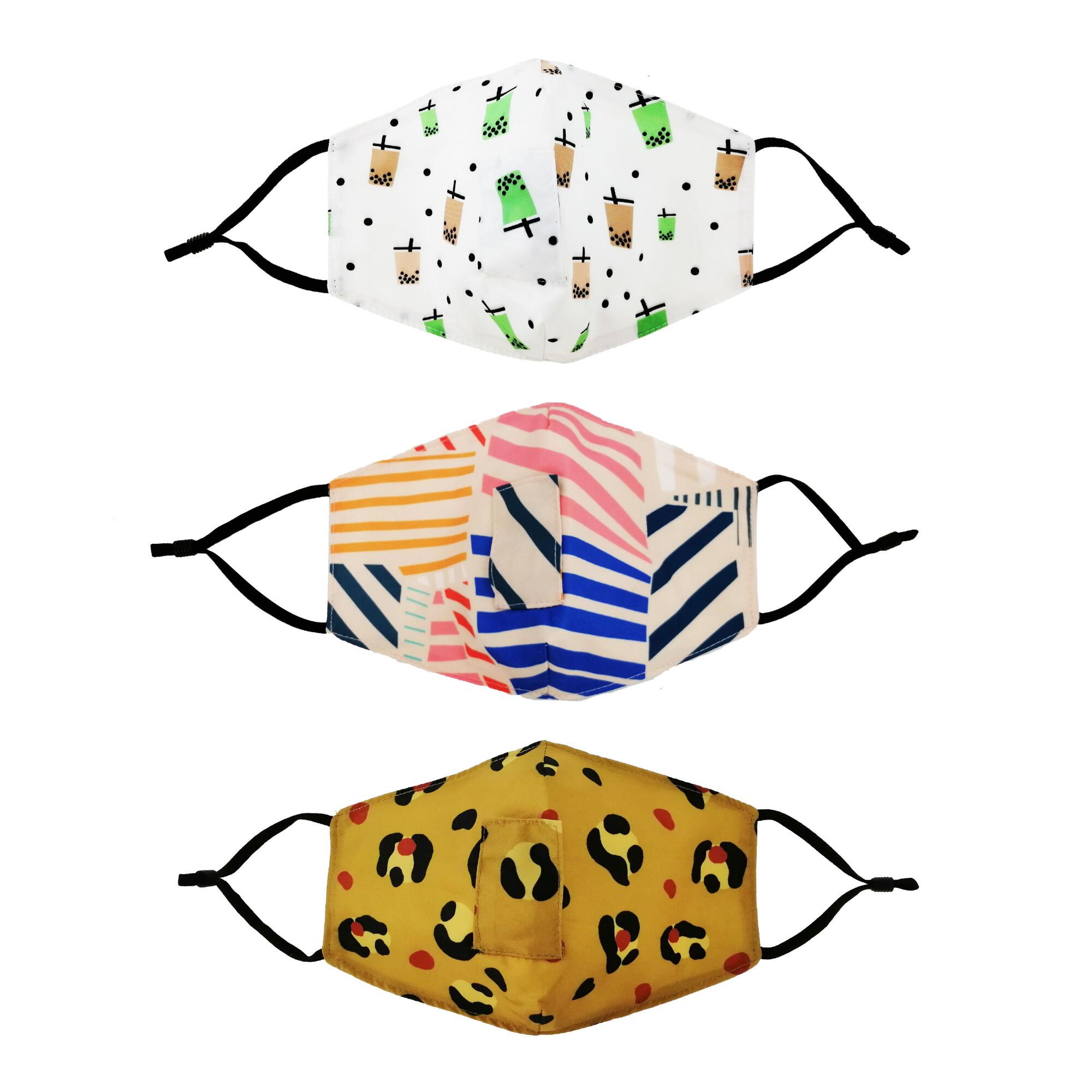 Bold Print Triple Layer Face Masks With Drink Flap Set of 3 by World Market