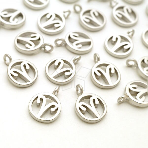 Pd-2226-Ms/4 Pcs - Zodiac Sign Symbol Charms, Constellation, Aries, The Ram, March, April Birthday, Matte Silver Plated Over Brass 7.4mm