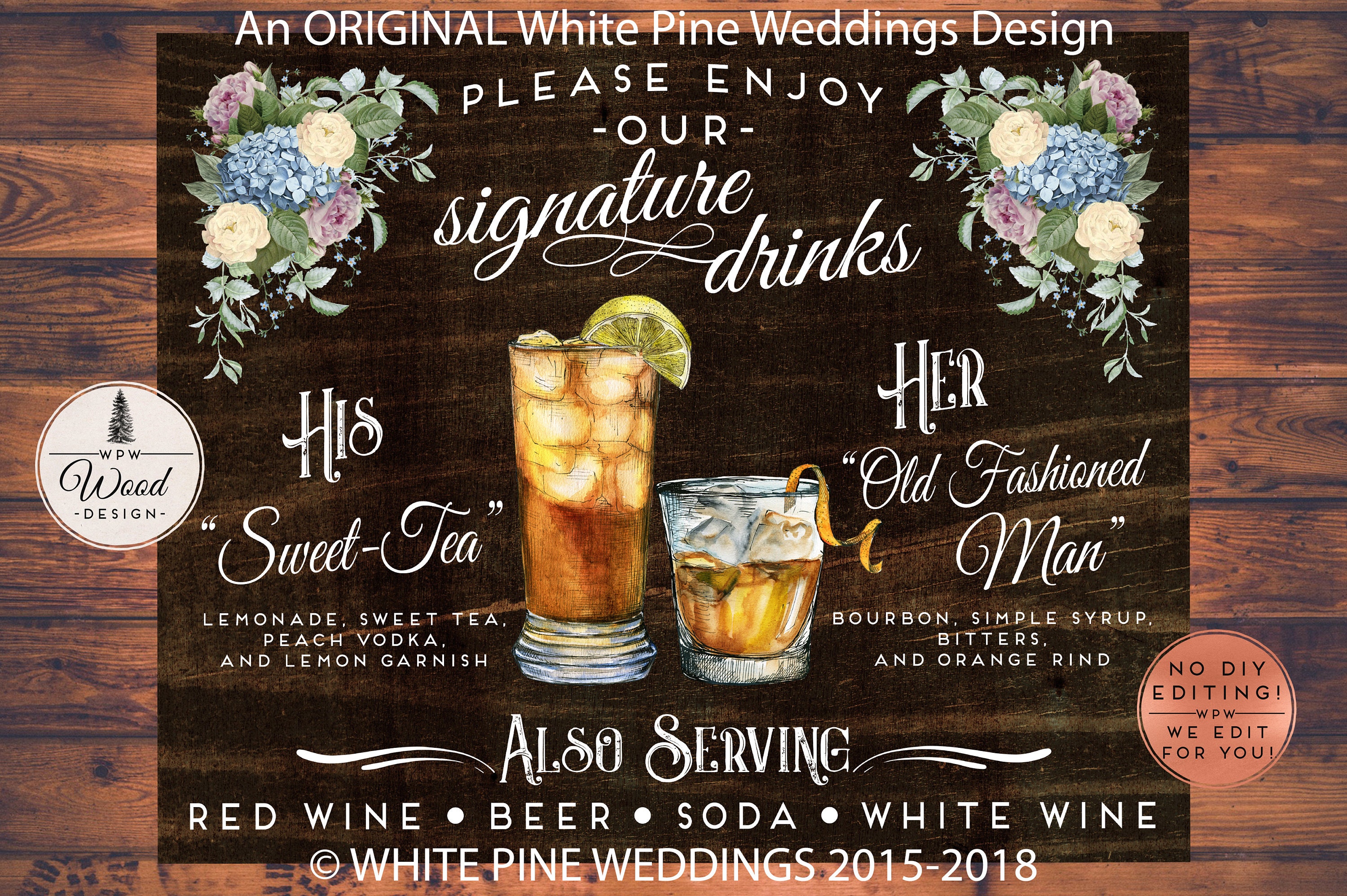 Printable Wedding Signature Drinks, Cocktails, Bar Menu, Sign, Blue Hydrangea, Purple Roses, His & Hers Drinks, Dark Wood