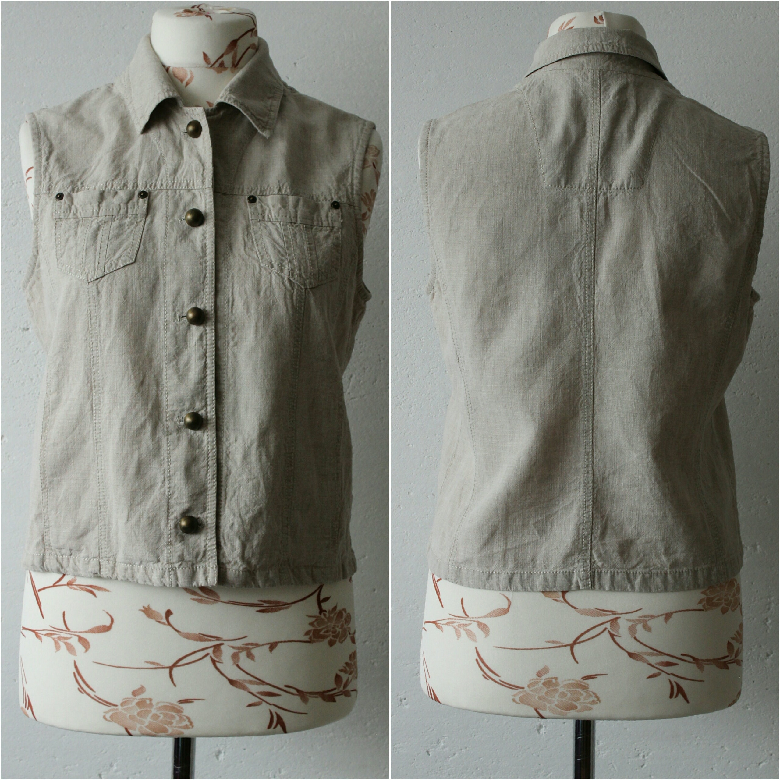 Vintage Raw Linen Blend Women's Vest Button Up Waistcoat Linen Tank Top Sleeveless Blouse M Size