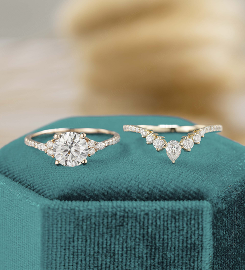 Vintage Moissanite Engagement Ring Set Women Rose Gold Unique Diamond Curved Wedding Band Bridal Anniversary Gift