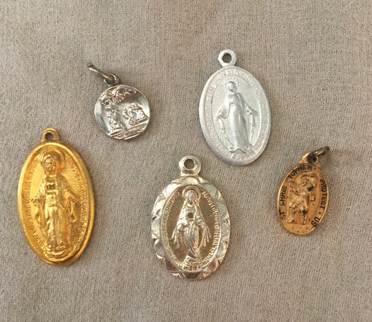 Collection Of 5 Religious Medals Charms Pendants Virgin Mary, Angel & St Christopher Silver Gold Christian Catholic Jewelry Making