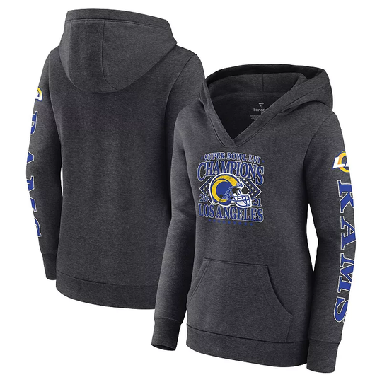 Women's Fanatics Branded Heathered Charcoal Los Angeles Rams Super Bowl LVI Champions Retro Pullover Hoodie, Size: Large, Grey