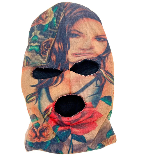 Tattooed Mesh Ski Mask With Woman's Face & Roses 3 Hole Knit Baclava Handmade