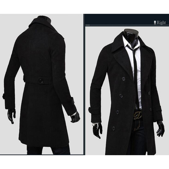 Wool Blend Trenchcoat Double Breasted Pea Coat - Black, L