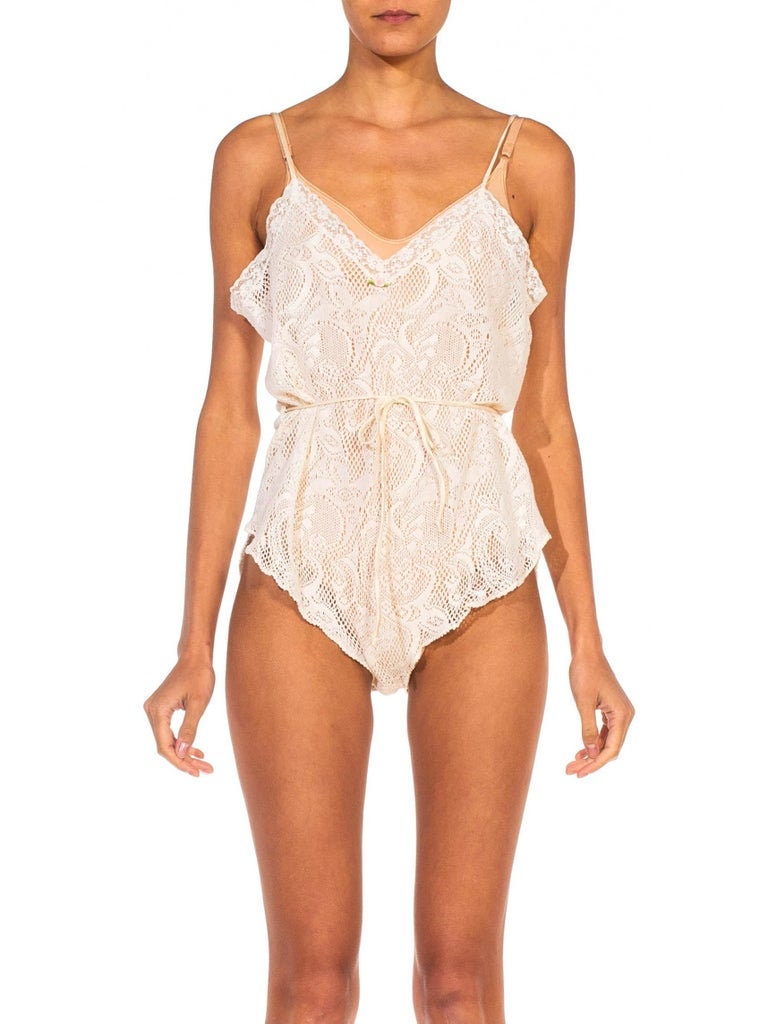 1970S Cream Sheer Cotton Blend Lace Bodysuit