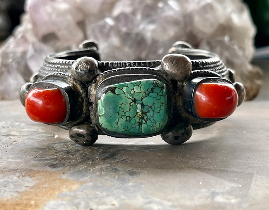 Chunky Red Coral Turquoise Sterling Silver Antique Tibetan Cuff Bracelet