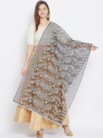 Women's Cotton Blend Black & White Embroidered Dupatta Free Shipping