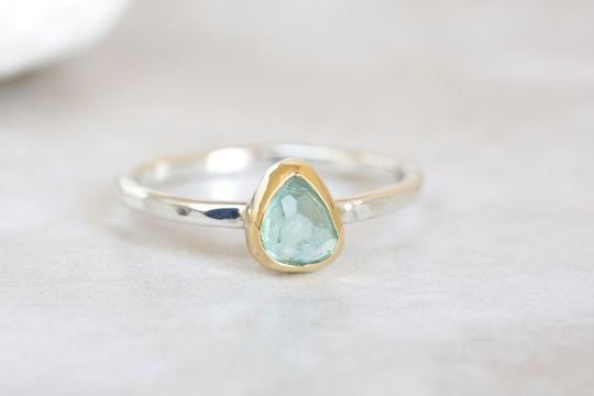 Blue Tourmaline Ring, Paraiba Rose Cut 18K Gold & Silver Mermaid Stacking Ring