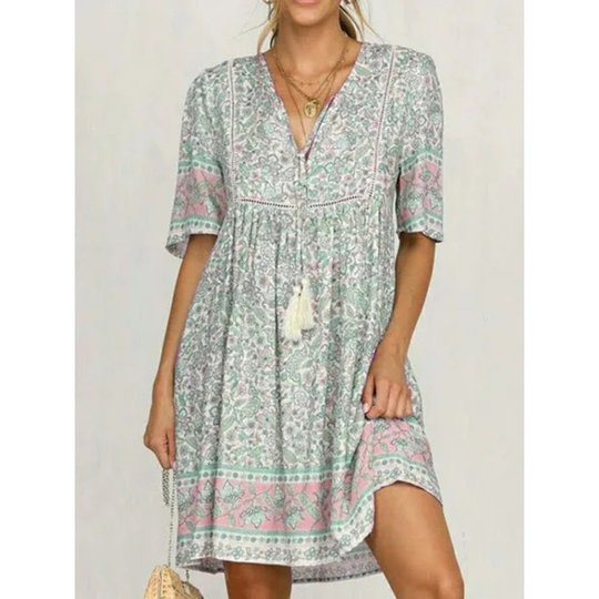 Light Blue Half Sleeve Cotton-Blend Dresses - Pink, X-Large