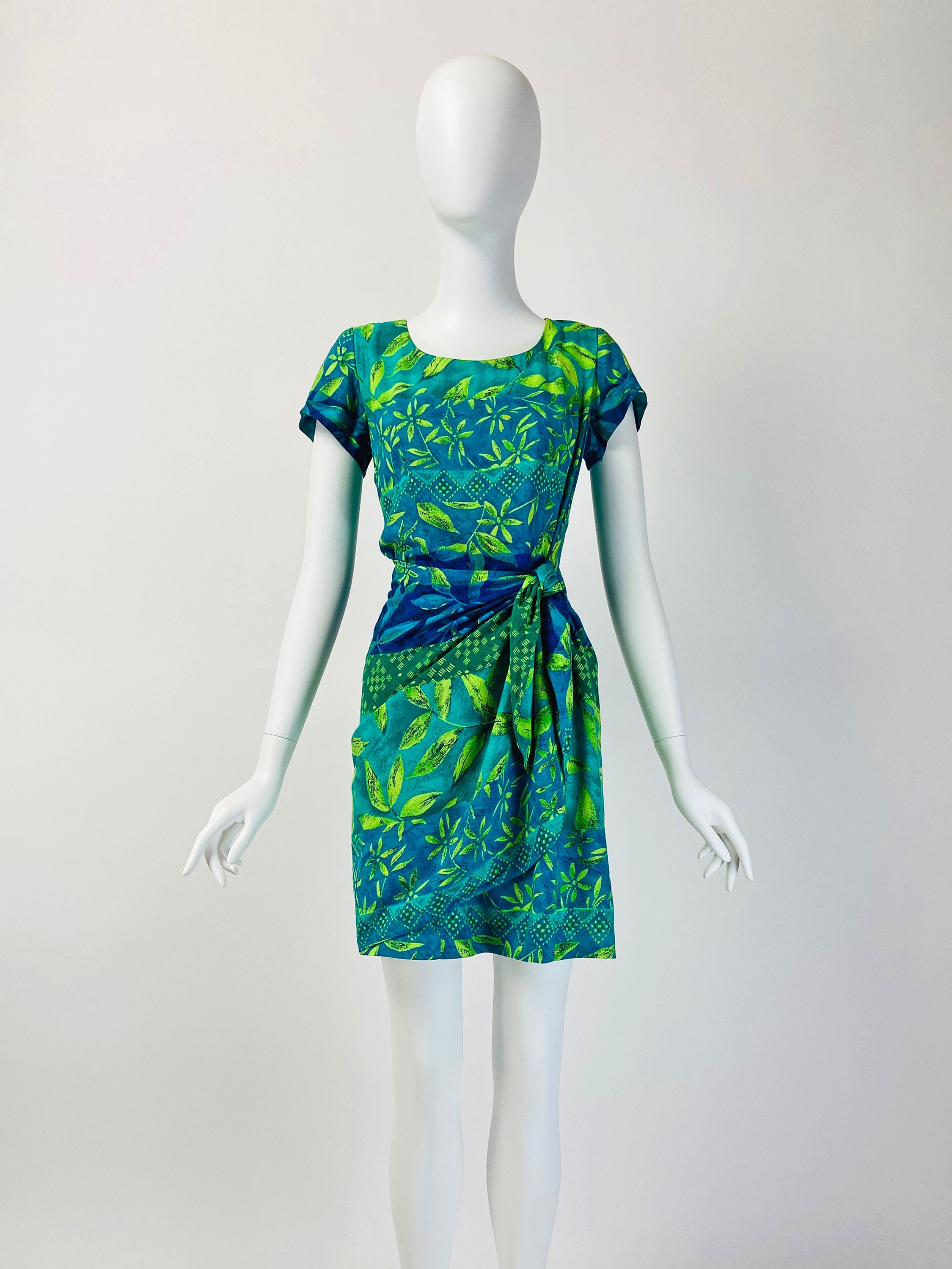 Vintage 90S Mini Dress, Summer Tropical Print Shoulder Pad Wrap Small Medium, Size 6 8 Us, 10 12 Uk, W133