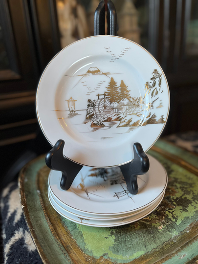 Set Of Four | 4 White & Gold Kutani 6" Plates Japanese Pagoda Chic Dessert Plate