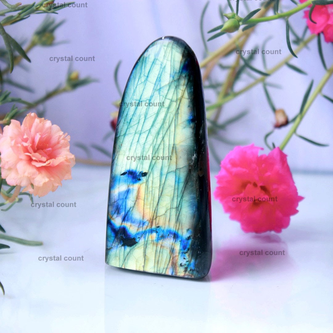 767Cts. Natural Blue Flash Labradorite Freestanding Free-Form Display Specimens Polished Rocks Minerals & Crystals Home Decoration Stone