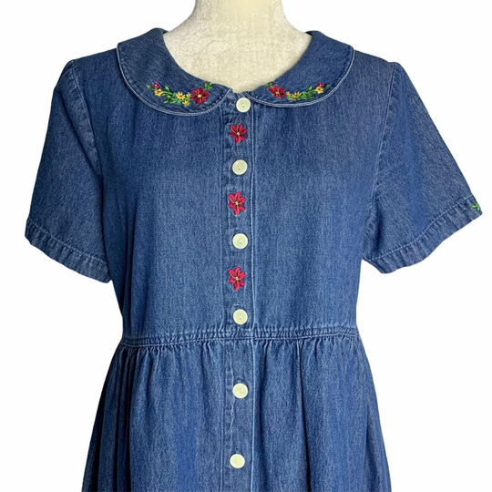 Vintage Denim Shirt Dress M Blue Floral Embroidery Peter Pan Collar Modest