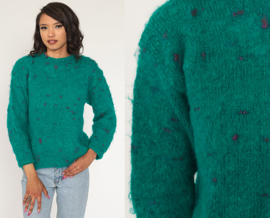 Mohair Blend Sweater Green Wool 80S Boho Fuzzy Pullover Dot Retro Jumper 1980S Slouchy Bohemian Vintage Medium