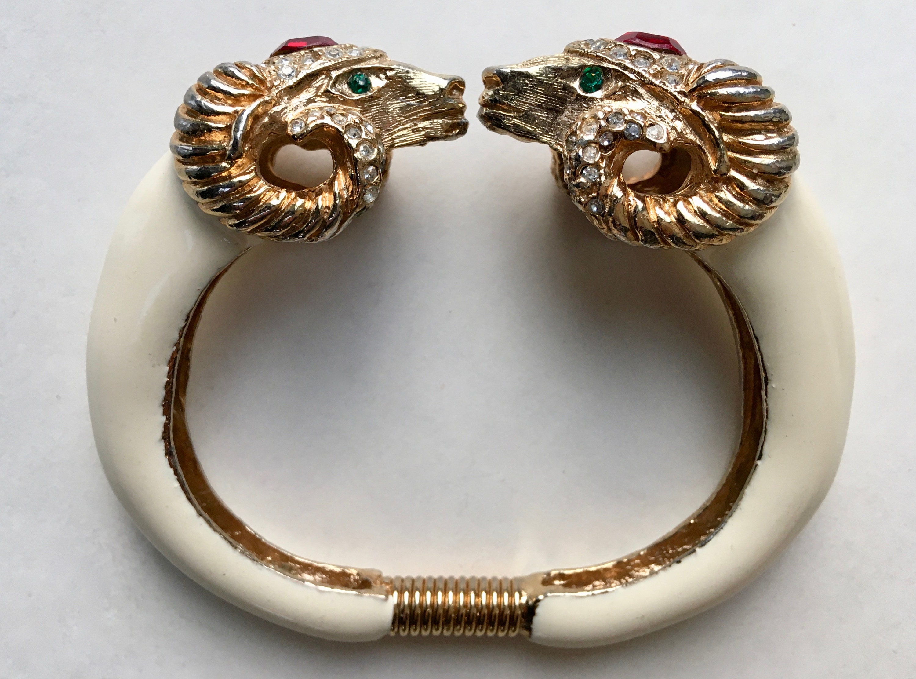 Kenneth Jay Lane Ram Bracelet - Double Headed Rhinestone Enamel Hinged Cuff 1980S