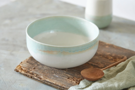 White/Turquoise Ceramic Serving Bowl, Round Noodles Footed Salad Japanese Nesting Bowl With Leg, Unique Handmade Holiday Gift