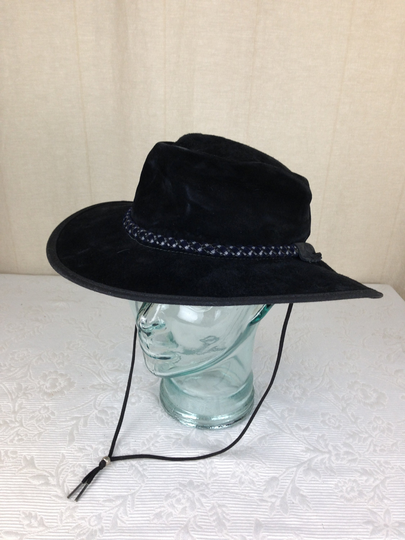 Vintage Black Suede Leather Hat By Head "N Home Collapsible Or Foldable Style With Chin Strap 03335