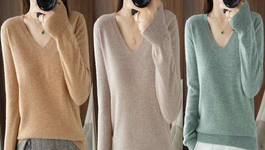 Women Knitted Long Sleeve Cotton Blend Pullover Sweater Top Soft Clothing Warm V Neck-Size S