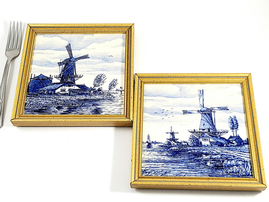 Pair Of Framed Delft Tiles With Blue & White Windmill Scenes Wall Decor Vintage