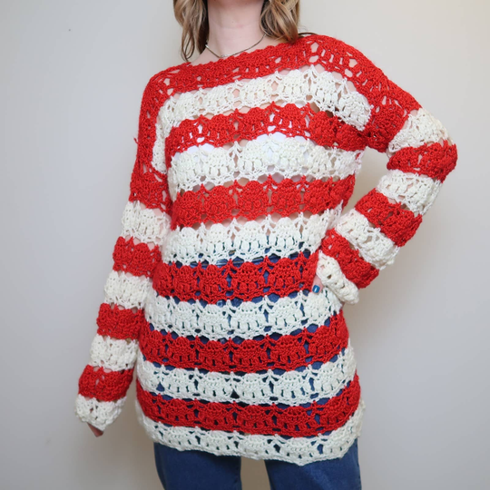 Vintage Handmade Red & White Striped Crochet Knit Tunic Sweater M