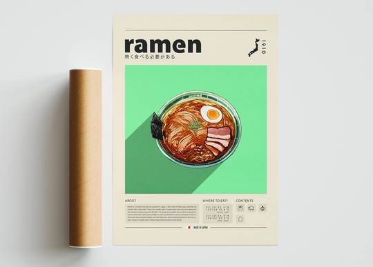 Ramen Poster, Food Print, Japanese Food, Retro Housewarming Gift, Kitchen Decor, Mid Century Minimalist Print