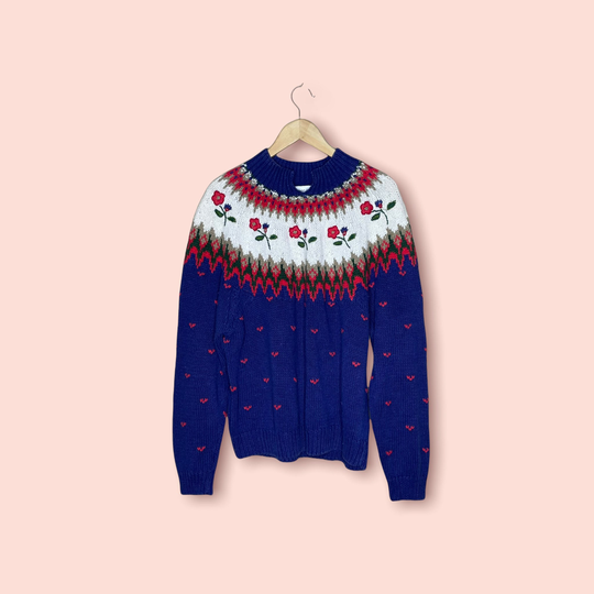 Vintage 90's Ramie Blend Blue Rosette Fair Isle Sweater, Robert Scott, Size Xl
