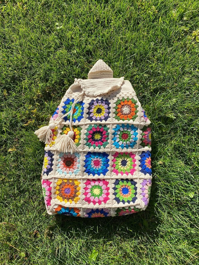 Crochet School Bag, Backpack, Granny Square Ecru Knit Hobo Boho Purse, Hippie Afgan