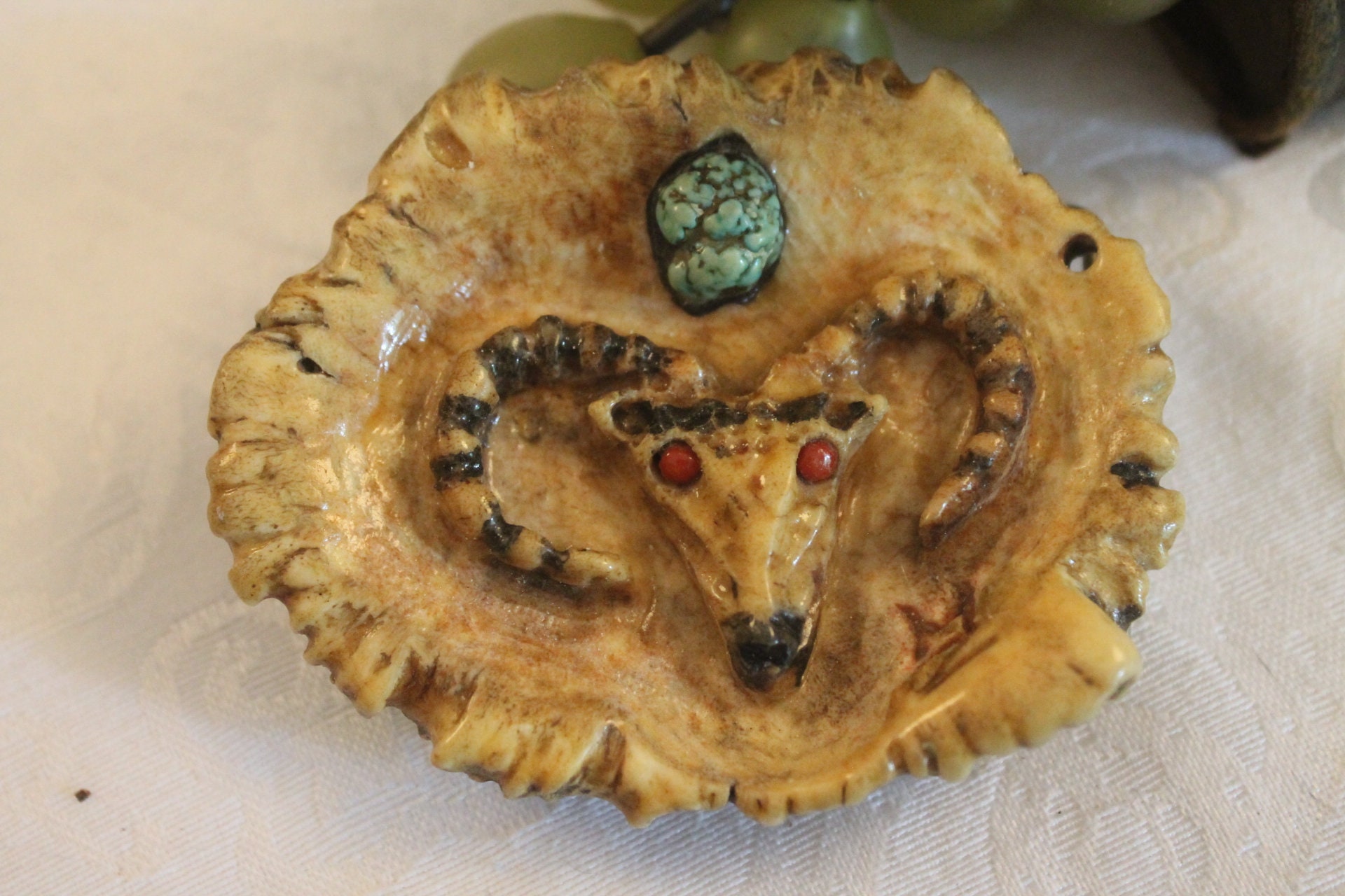 Hand Carved Elk Antler Belt Buckle - Ram Skull Design With Genuine Turquoise & Coral Eyes