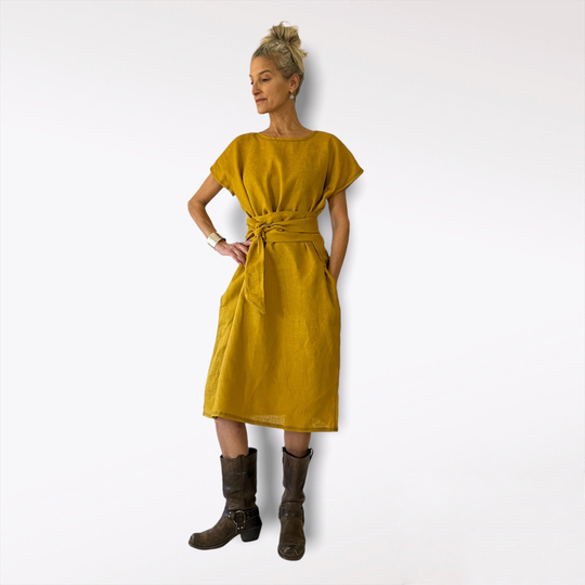 Mustard Linen Shift Dress With Pockets