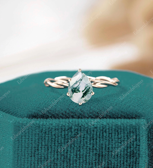 Moss Agate Engagement Ring Unique Vintage Pear Shaped Art Deco Anniversary Gift For Her Women Gold