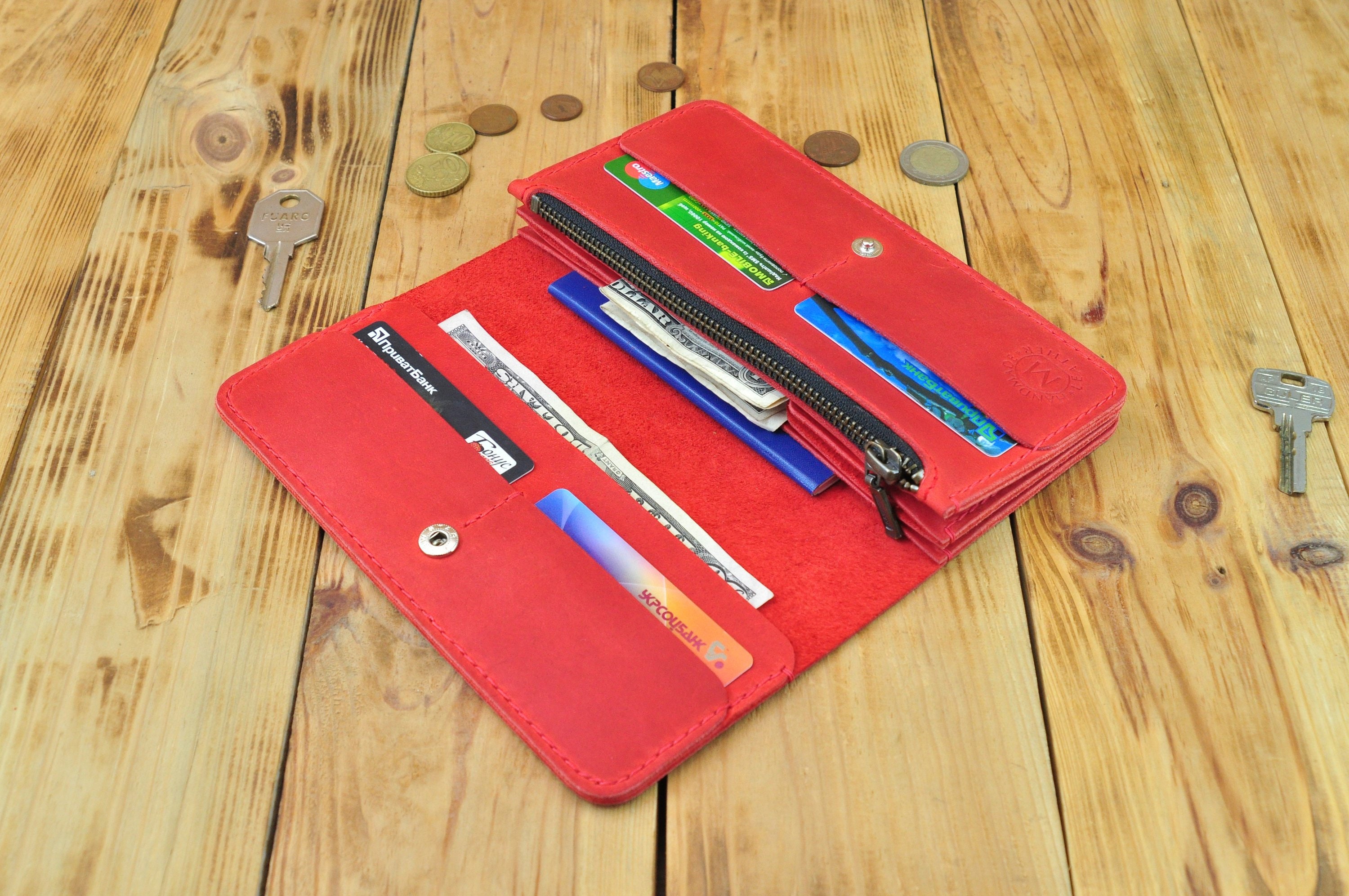 Red Genuine Leather Purse Accessories Gift For Women Minimalism Coin Wallet Money Personal Organizer Handmade Red Credit Cards
