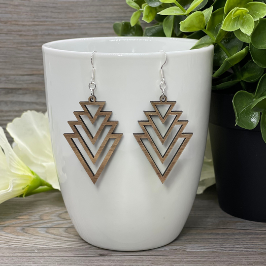 Chevron Earrings Sterling Silver Or Stainless Steel Teardrop Walnut Wood Lightweight Hypoallergenic Triangle